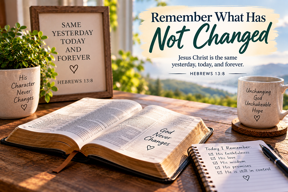 Open Bible, notebook, coffee mug, plant, and framed Hebrews 13:8 reminder on a sunlit table with a mountain landscape in the background