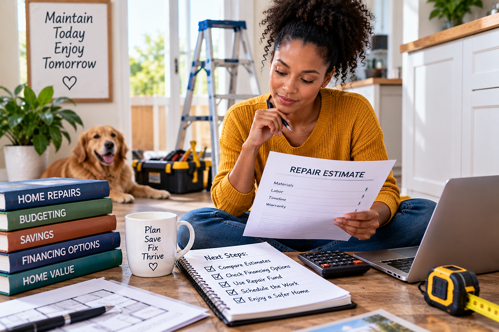 Younger woman reviewing a home repair estimate beside a laptop, calculator, repair checklist, tools, and home financing materials.