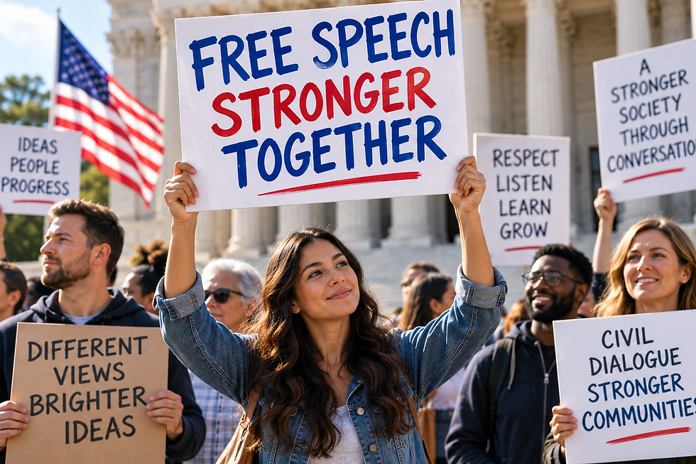 Diverse citizens holding signs about free speech, respect, listening, and civil dialogue outside a government building.