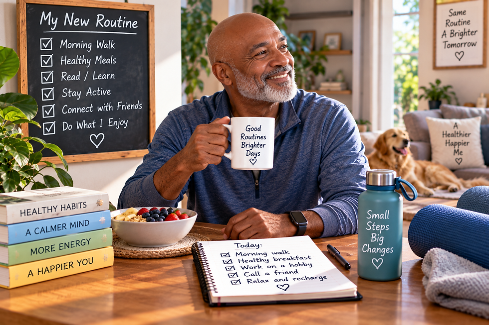 Older man enjoying a healthy morning routine beside a checklist for walking, meals, learning, activity, friends, and hobbies