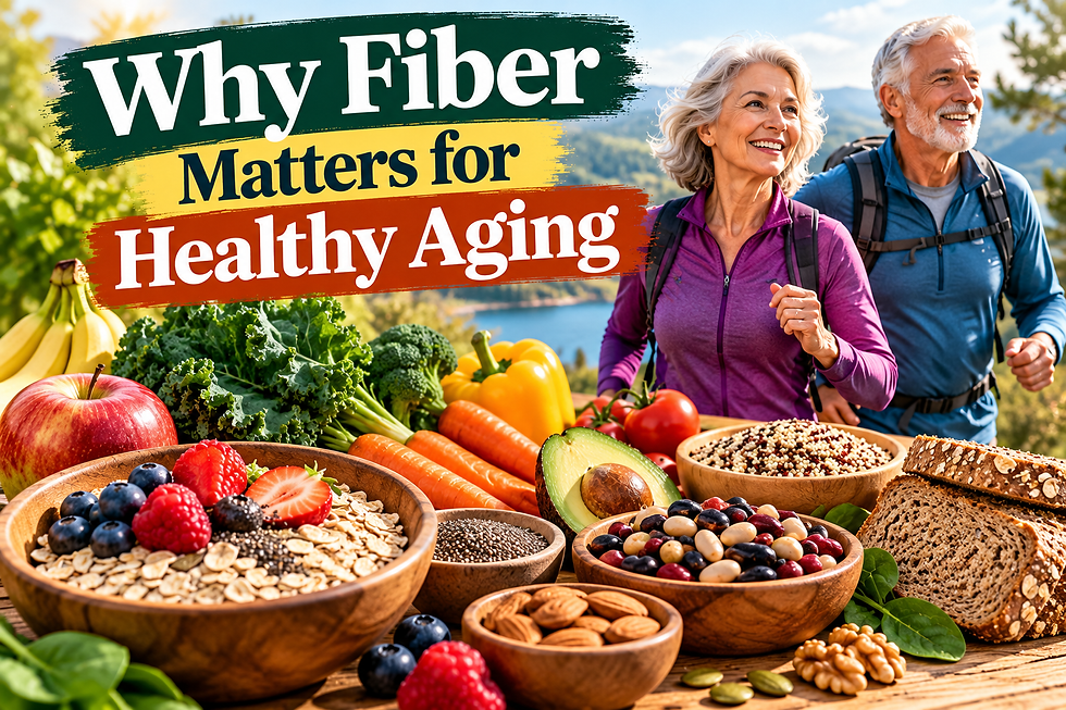 Older couple staying active beside a colorful spread of fiber-rich foods including oats, berries, vegetables, beans, whole grains, nuts, and seeds.