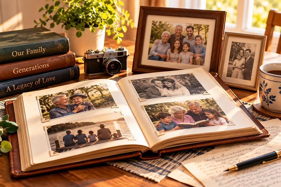 Open family photo album with framed photographs and keepsakes representing the family history grandparents pass to younger generations.