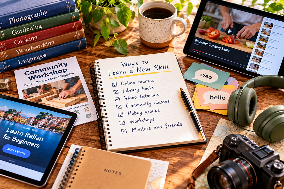 Desk arranged with a notebook, books, online tutorials, headphones, language flashcards, camera, and community workshop materials representing different ways to learn a new skill.