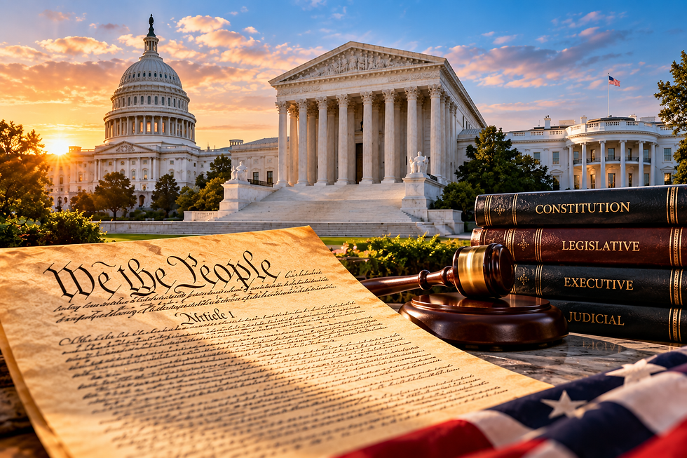 U.S. Constitution with the Capitol, Supreme Court, and White House representing constitutional limits and separated government powers.