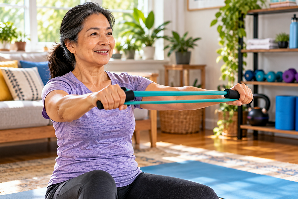 Older Asian woman performing a controlled resistance-band exercise at home to support strength around the joints.