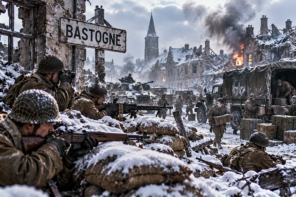 American soldiers defend snowy positions in damaged Bastogne while troops unload supplies during the Battle of the Bulge.