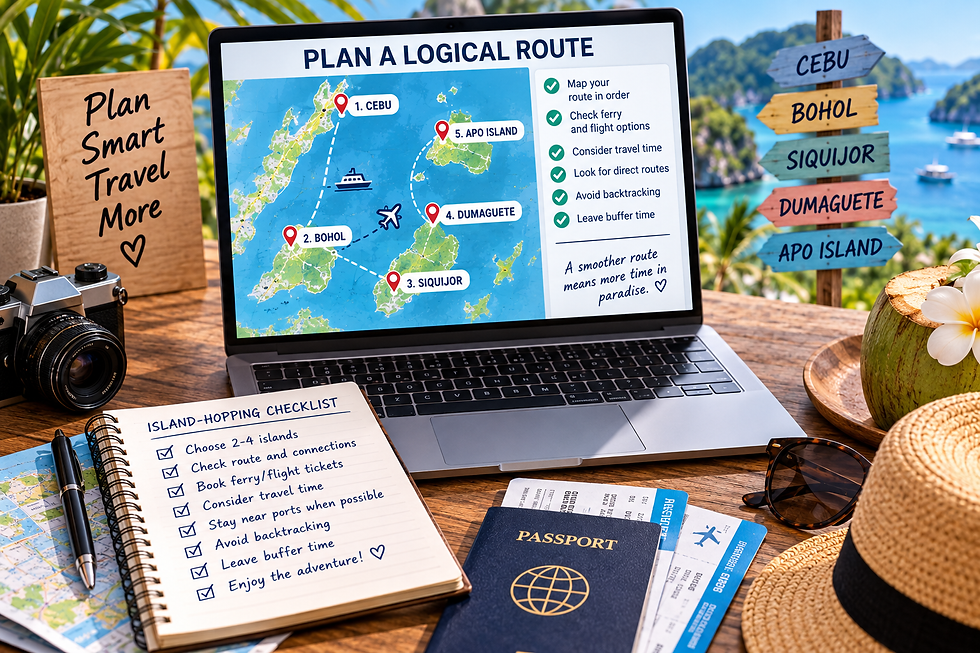 Open lightweight suitcase with organized clothing, packing cubes, travel-size essentials, passport, tickets, hat, camera, and an island-hopping packing checklist