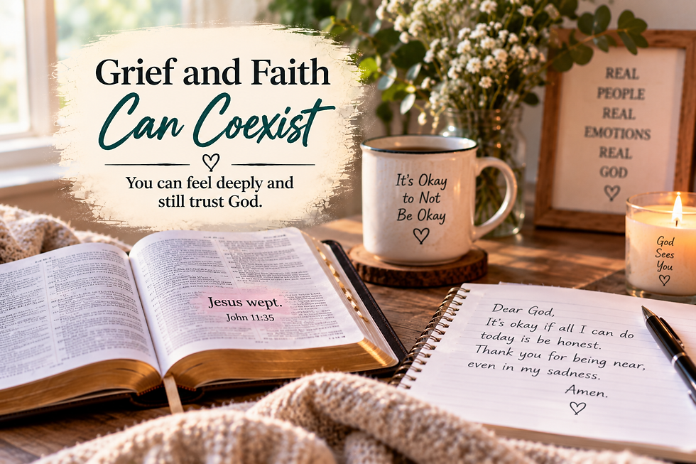 Open Bible highlighting John 11:35 beside a journal, candle, flowers, and mug with the message Grief and Faith Can Coexist