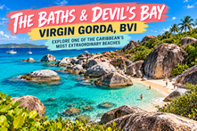 Aerial-style view of turquoise waters and giant granite boulders at The Baths and Devil’s Bay, Virgin Gorda, with a bold destination headline.