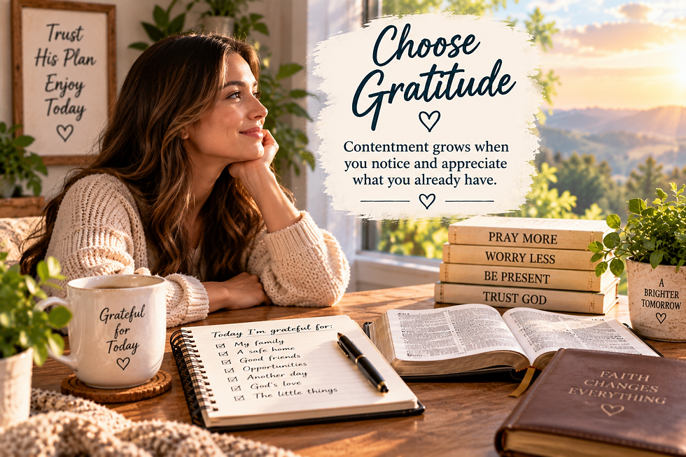 Woman reflecting beside a Bible and gratitude journal beneath the headline Choose Gratitude with reminders to pray more, worry less, be present, and trust God