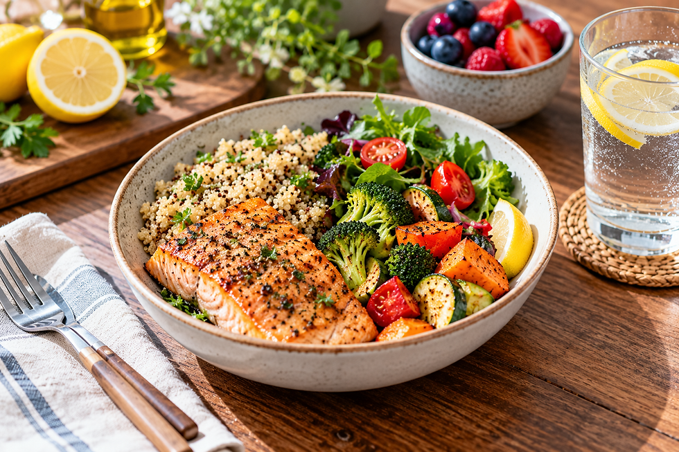 Salmon and quinoa bowl with roasted vegetables, greens, berries, and lemon water on a wooden table.
