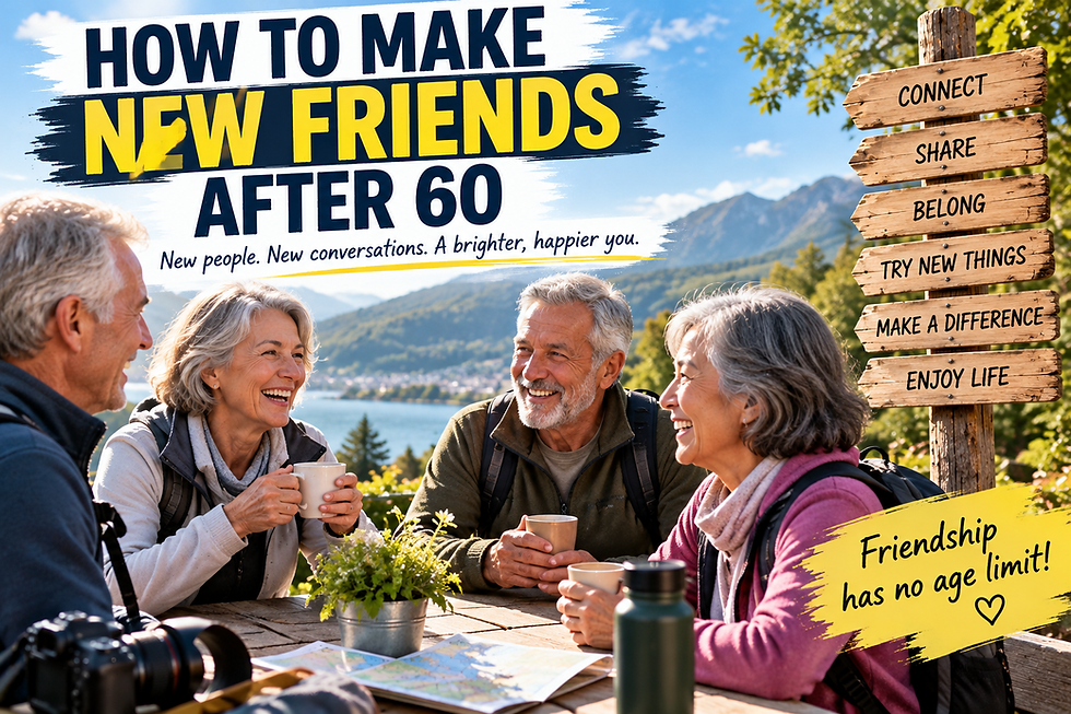 Group of older adults talking and laughing together beside a scenic lake with signs encouraging connection, sharing, belonging, and trying new things