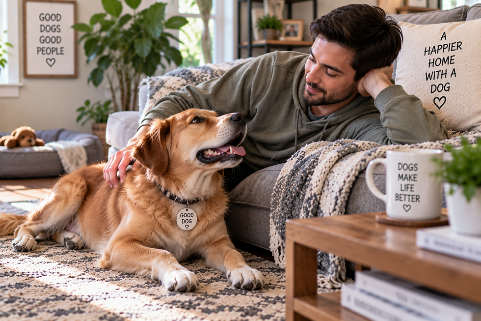 Young man relaxing beside a calm golden-brown dog in a cozy living room with dog-themed decor