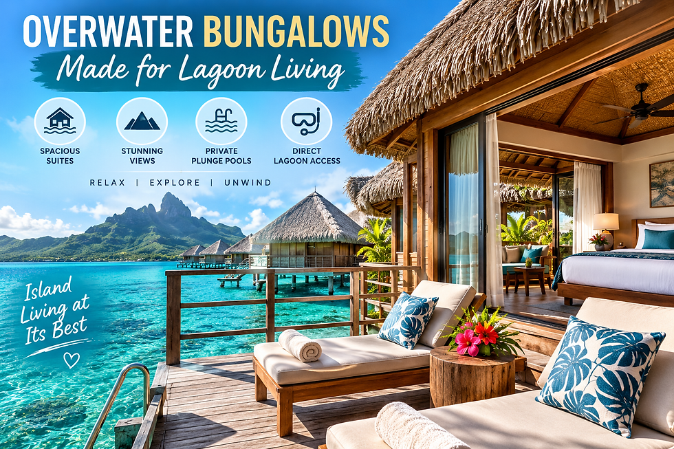 Luxury overwater bungalow with a private deck, lagoon access, tropical furnishings, and mountain views in Bora Bora