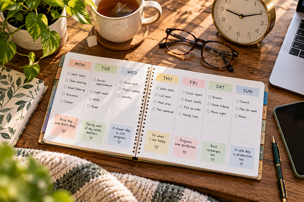 Overhead weekly planner with different workloads across the week, surrounded by tea, glasses, a clock, phone, laptop, and a plant.