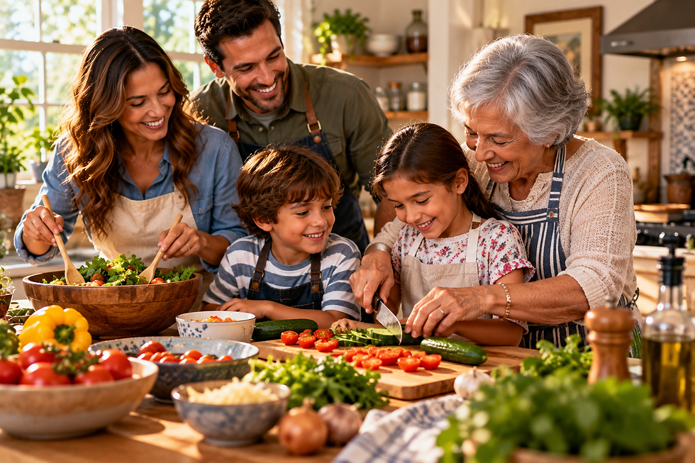 Grandmother, parents, and children preparing a family meal together in a bright kitchen as part of a shared family tradition.