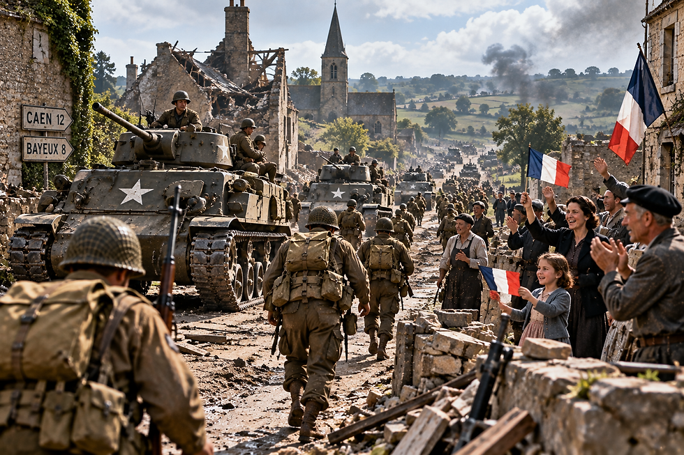Allied soldiers and tanks advance through a damaged Normandy village as French civilians welcome the troops during the liberation of France.