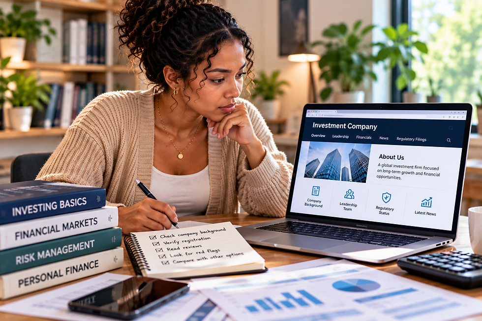 Young Black woman researching an investment company on a laptop and taking notes at her desk.