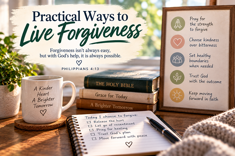 Faith-themed devotional desk with Bible, journal, prayer reminders, and a checklist about releasing hurt, choosing kindness, setting boundaries, trusting God, and moving forward