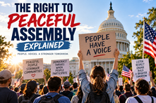 Peaceful crowd gathered near the U.S. Capitol with signs representing the constitutional right to peaceful assembly.