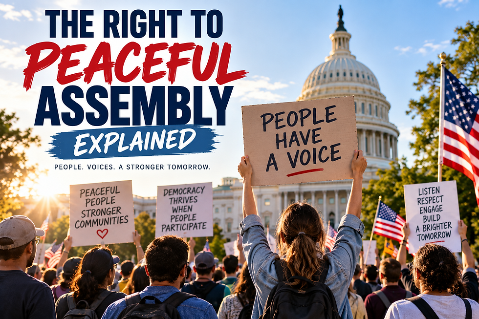 Peaceful crowd gathered near the U.S. Capitol with signs representing the constitutional right to peaceful assembly.