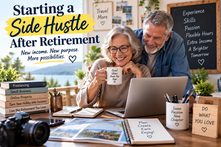 Older retired couple working together on a laptop in a bright home office with notes about skills, flexible hours, extra income, and new opportunities