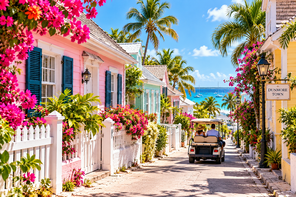 Golf cart on a sunny Dunmore Town lane lined with pastel cottages, tropical flowers, and palm trees.