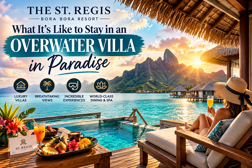 Overwater villa terrace overlooking the turquoise Bora Bora lagoon and Mount Otemanu at sunset