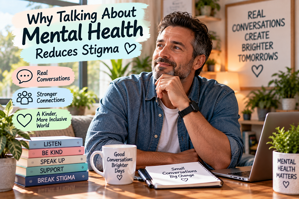 Middle-aged man beside the headline Why Talking About Mental Health Reduces Stigma with messages about real conversations, stronger connections, and a kinder world