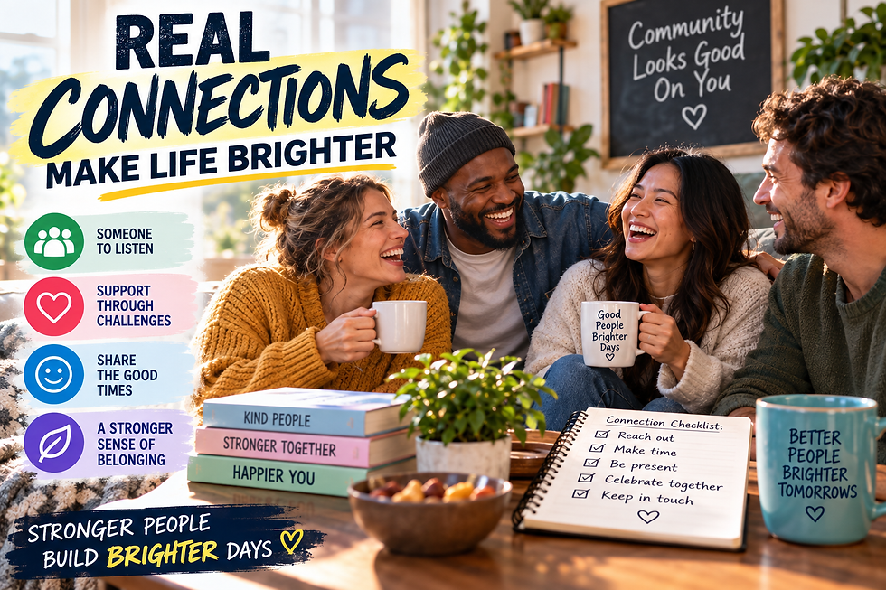 Diverse group of friends laughing together beside the headline Real Connections Make Life Brighter and reminders about listening, support, shared good times, and belonging