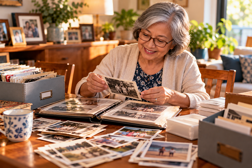 Older woman organizing family photographs with albums and archival storage boxes at a dining table.