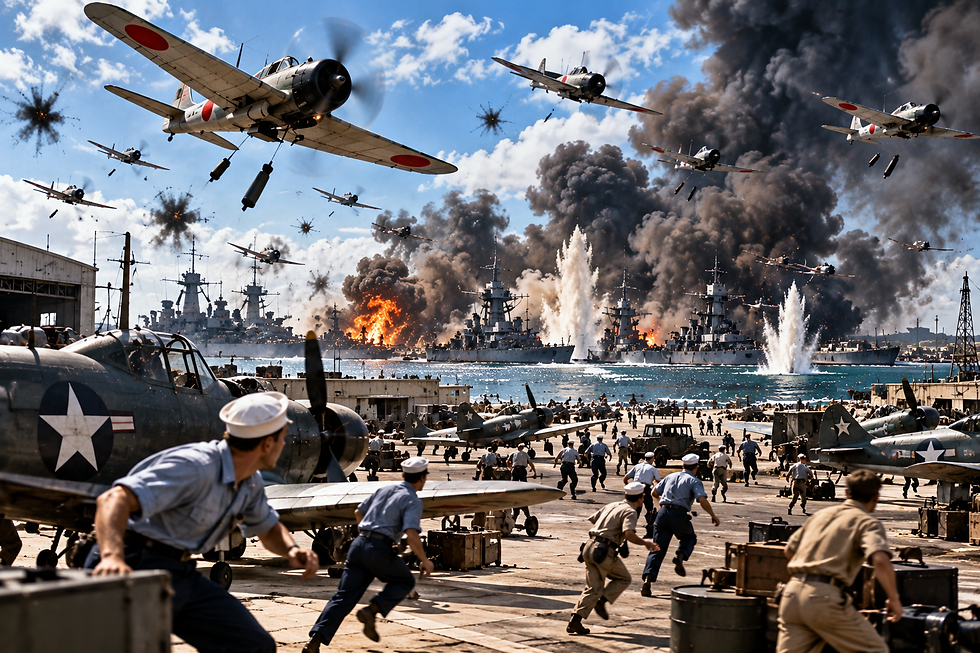Japanese aircraft attacking Pearl Harbor as American sailors react near airfields and battleships amid explosions, smoke, and water plumes.