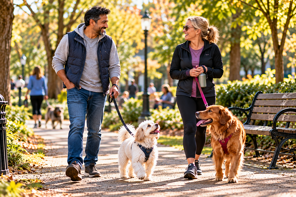 Two adults chatting while walking their dogs together along a sunny neighborhood park path.