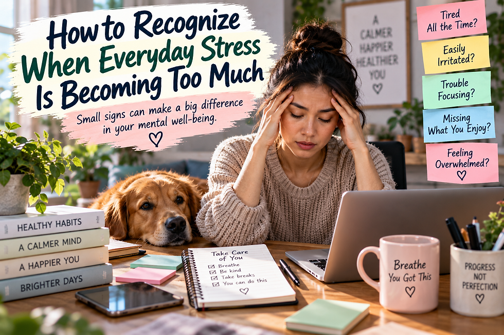 Overwhelmed woman sitting at a desk with a laptop and dog beside signs highlighting tiredness, irritability, trouble focusing, lost enjoyment, and feeling overwhelmed