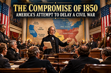 Congressional debate over the Compromise of 1850 with a map of free states, slave states, and western territories beneath the article title.