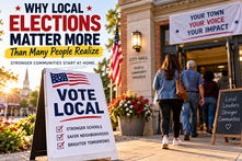 Residents entering a town hall to participate in a local election, with a Vote Local sign outside.