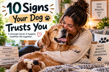 Woman cuddling a relaxed golden retriever beside the headline 10 Signs Your Dog Trusts You and messages about kindness, consistency, and stronger bonds