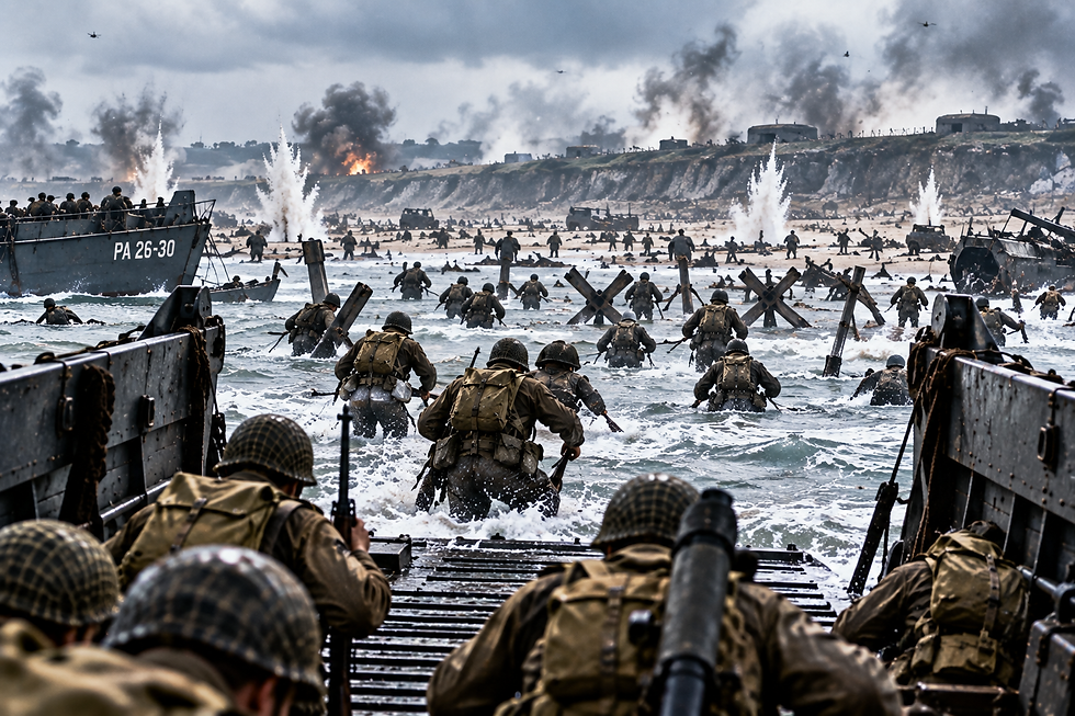 Allied troops leave landing craft and wade through rough surf toward German defenses on the Normandy coast during the D-Day landings.