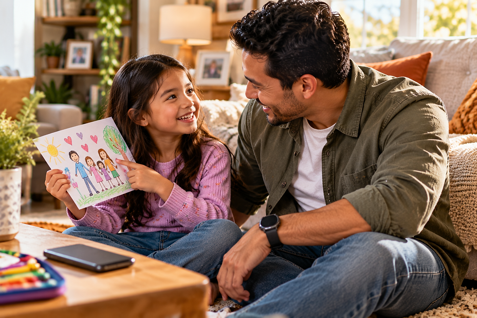 Father giving his full attention to his young daughter as she proudly shows him a colorful family drawing in their living room.