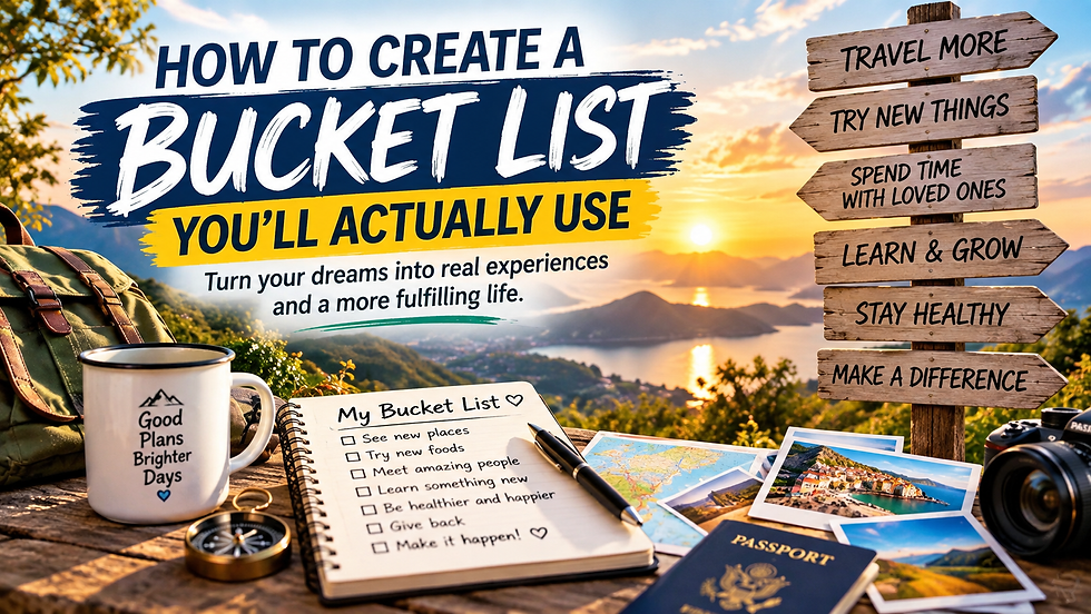 Bucket list notebook, travel gear, camera, passport, map, and goal signpost overlooking a mountain lake at sunset