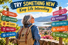 Older adult considering new experiences including travel, art, photography, music, wellness, food, outdoor activities, and learning new skills.