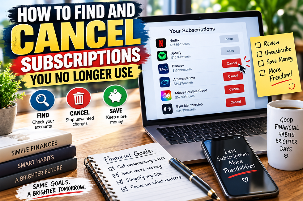 Laptop showing a subscription list with options to keep or cancel recurring services beside a subscription checklist.