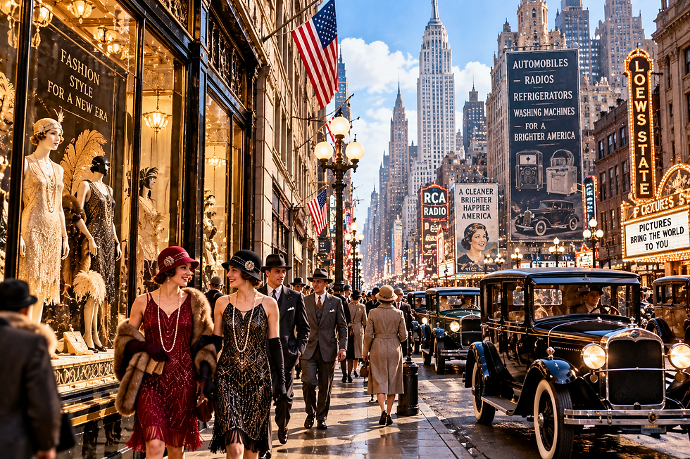 Busy 1920s American city street with automobiles, department-store windows, fashionable pedestrians, skyscrapers, radios, appliances, and advertisements representing consumer prosperity.