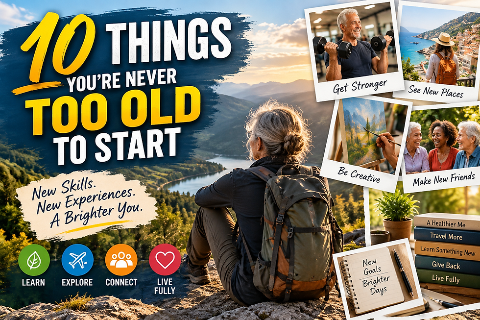 Older hiker overlooking a sunlit mountain lake beside the headline 10 Things You're Never Too Old to Start, with snapshots representing strength, travel, creativity, friendship, and new goals
