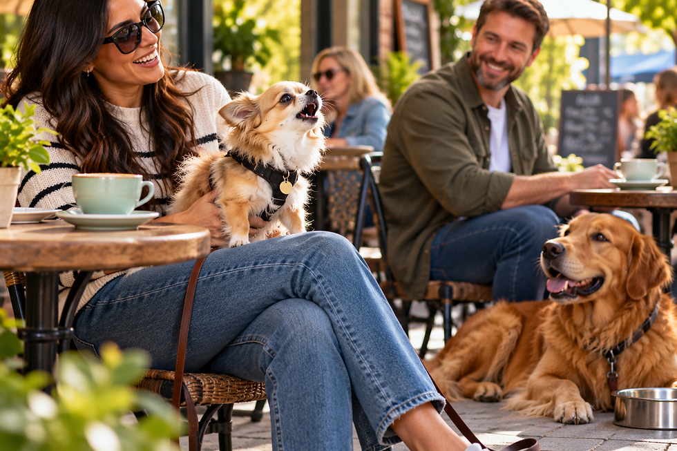 Small fluffy dog barking from its owner's lap at an outdoor cafe while a larger golden retriever rests calmly nearby.