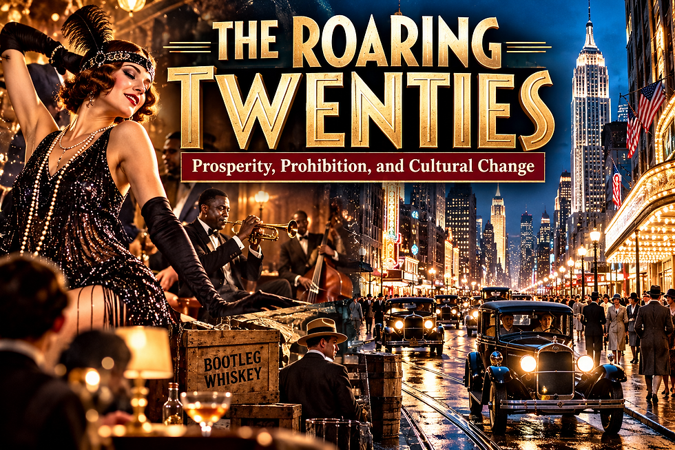 Roaring Twenties collage featuring a flapper, jazz musician, 1920s automobiles, illuminated city streets, skyscrapers, and Prohibition-era imagery.