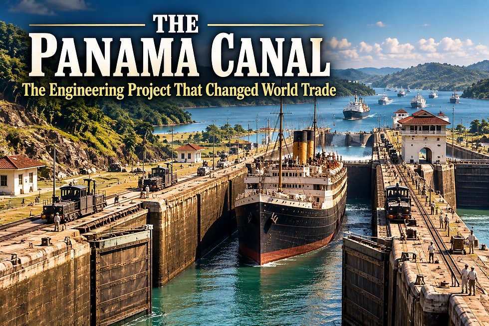 Early twentieth-century steamship passing through the Panama Canal locks with canal machinery, workers, tropical hills, and ships in the distance.