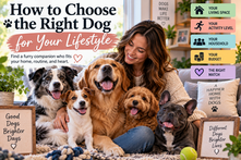 Woman sitting with several different dogs beside the headline How to Choose the Right Dog for Your Lifestyle and icons for living space, activity level, household, and budget