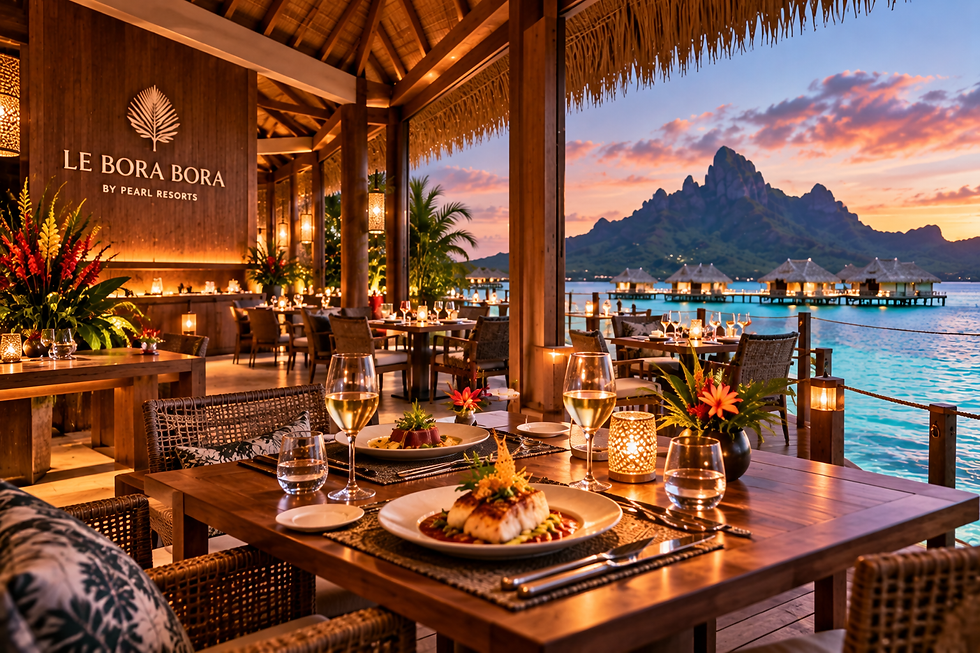 Polynesian-style open-air dining setting beside the Bora Bora lagoon with Mount Otemanu in the distance