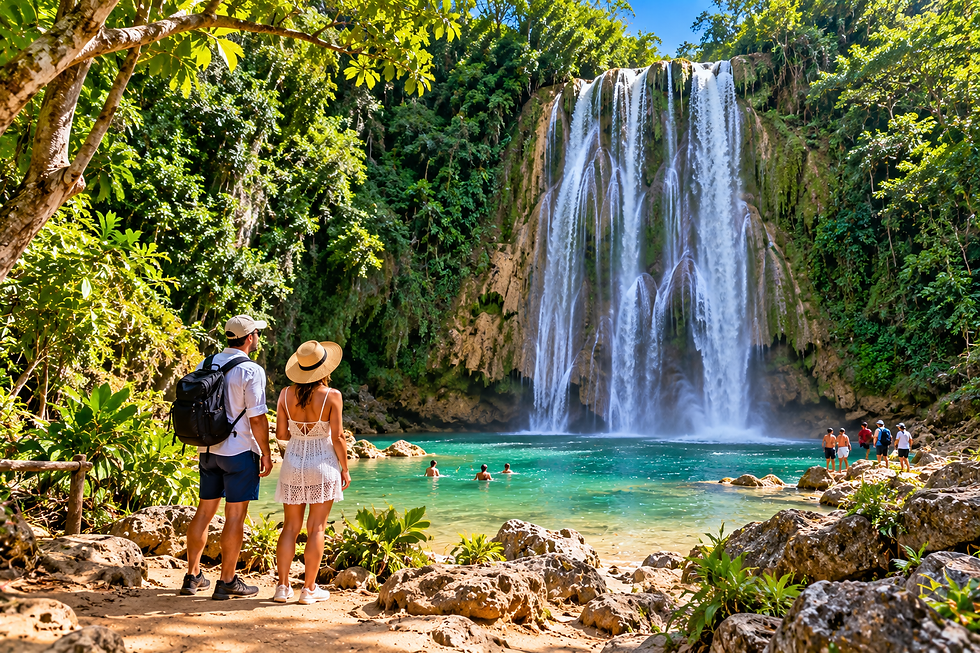 Travelers viewing a tall waterfall cascading into a turquoise pool surrounded by lush tropical rainforest.